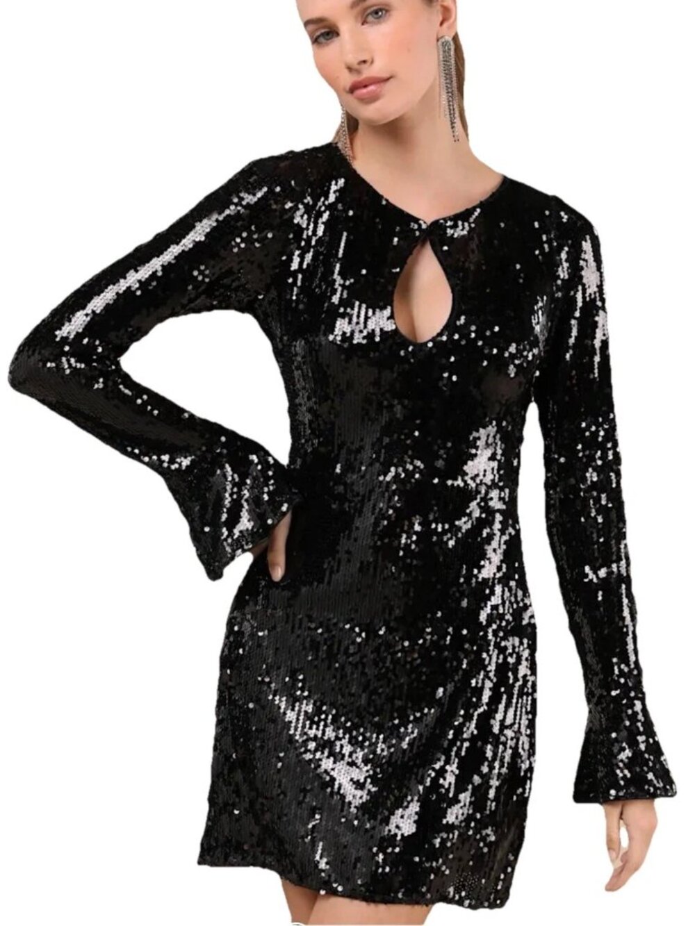 LULUS Black Sequined LBD Keyhole Neck Bell Sleeve Mini Dress Sz XS